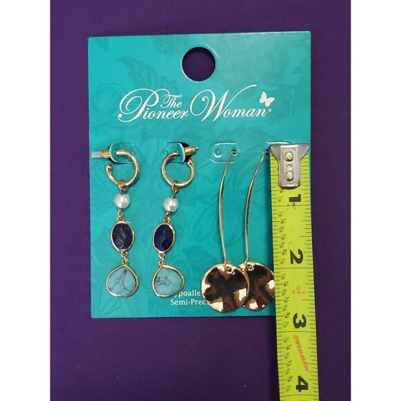 Pioneer Woman Two Pairs Earrings Long Dangle Pierced Threader Semiprecious New - Picture 6 of 8